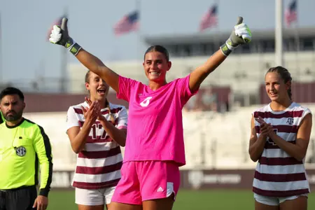COLLEGE STATION, TX - August 20, 2023 - Goalkeeper Kenna Caldwell #0 of the Texas A&M Aggies during the game between the Washington State Cougars and the Texas A&M Aggies at Ellis Field in College Station, TX. Photo By Rachel Mahan/Texas A&M Athletics