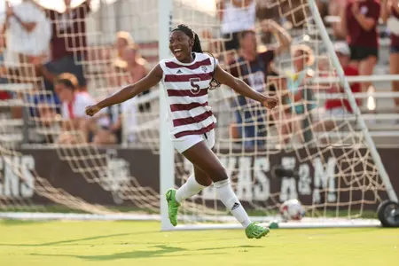 COLLEGE STATION, TX - August 20, 2023 - Forward MaKhiya McDonald #5 of the Texas A&M Aggies during the game between the Washington State Cougars and the Texas A&M Aggies at Ellis Field in College Station, TX. Photo By Brendall O'Banon/Texas A&M Athletics
