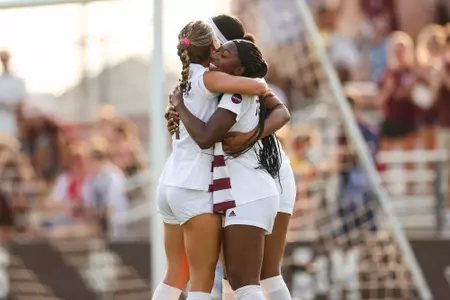 COLLEGE STATION, TX - August 20, 2023 - Midfielder/Defender Adysen Armenta #4 of the Texas A&M Aggies and Forward MaKhiya McDonald #5 of the Texas A&M Aggies during the game between the Washington State Cougars and the Texas A&M Aggies at Ellis Field in College Station, TX. Photo By Brendall O'Banon/Texas A&M Athletics