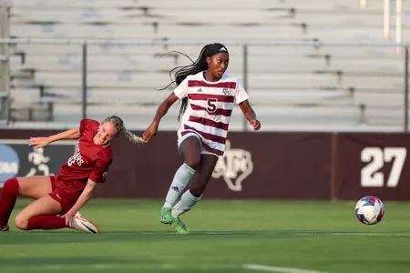 COLLEGE STATION, TX - August 20, 2023 - Forward MaKhiya McDonald #5 of the Texas A&M Aggies during the game between the Washington State Cougars and the Texas A&M Aggies at Ellis Field in College Station, TX. Photo By Jonathan Taffet/Texas A&M Athletics