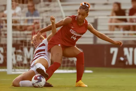 COLLEGE STATION, TX - August 20, 2023 - Defender Carolyn Calzada #16 of the Texas A&M Aggies during the game between the Washington State Cougars and the Texas A&M Aggies at Ellis Field in College Station, TX. Photo By Aiden Shertzer/Texas A&M Athletics