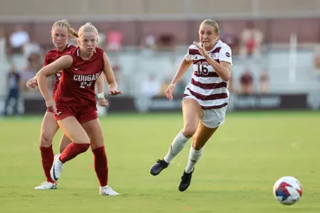 COLLEGE STATION, TX - August 20, 2023 - Defender Carolyn Calzada #16 of the Texas A&M Aggies during the game between the Washington State Cougars and the Texas A&M Aggies at Ellis Field in College Station, TX. Photo By Rachel Mahan/Texas A&M Athletics