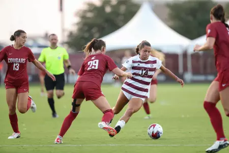 COLLEGE STATION, TX - August 20, 2023 - Midfielder Carissa Boeckmann #14 of the Texas A&M Aggies during the game between the Washington State Cougars and the Texas A&M Aggies at Ellis Field in College Station, TX. Photo By Rachel Mahan/Texas A&M Athletics
