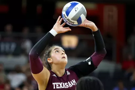 OMAHA, NE - August 25, 2023 - Setter Nisa Buzlutepe #11 of the Texas A&M Aggies during the game between the Omaha Mavericks and the Texas A&M Aggies at Baxter Arena in Omaha, NE. Photo By Brendall O'Banon