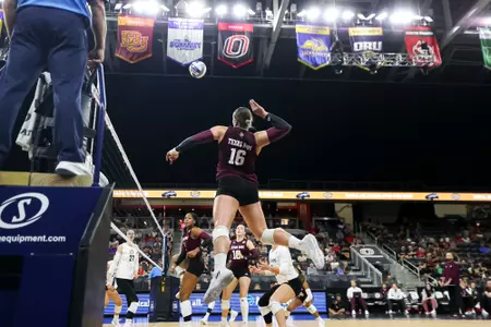 OMAHA, NE - August 25, 2023 - Outside Hitter Caroline Meuth #16 of the Texas A&M Aggies during the game between the Omaha Mavericks and the Texas A&M Aggies at Baxter Arena in Omaha, NE. Photo By Brendall O'Banon