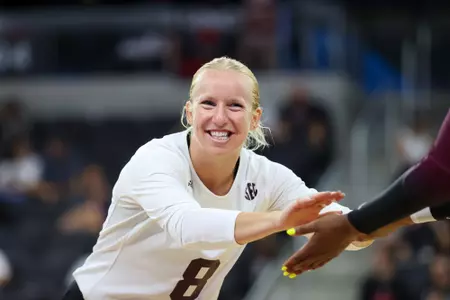 OMAHA, NE - August 25, 2023 - Libero/Defensive Specialist Lauren Hogan #8 of the Texas A&M Aggies during the game between the Omaha Mavericks and the Texas A&M Aggies at Baxter Arena in Omaha, NE. Photo By Brendall O'Banon