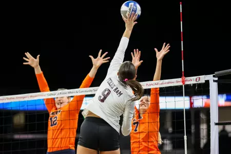 OMAHA, NE - August 26, 2023 - Opposite Hitter Logan Lednicky #9 of the Texas A&M Aggies during the game between the Pepperdine Waves and the Texas A&M Aggies at Baxter Arena in Omaha, NE. Photo By Brendall O'Banon