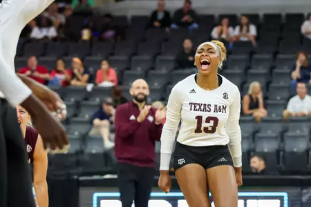 OMAHA, NE - August 26, 2023 - Outside Hitter Bianna Muoneke #13 of the Texas A&M Aggies during the game between the Pepperdine Waves and the Texas A&M Aggies at Baxter Arena in Omaha, NE. Photo By Brendall O'Banon