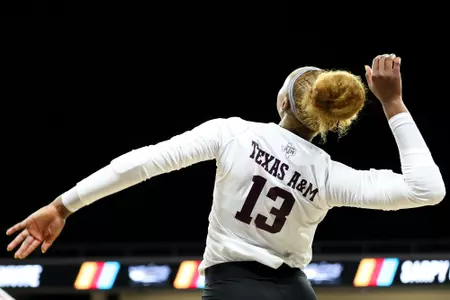 OMAHA, NE - August 26, 2023 - Outside Hitter Bianna Muoneke #13 of the Texas A&M Aggies during the game between the Pepperdine Waves and the Texas A&M Aggies at Baxter Arena in Omaha, NE. Photo By Brendall O'Banon