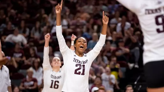 COLLEGE STATION, TX - August 19, 2023 - Middle Blocker Morgan Perkins #21 of the Texas A&M Aggies during the game between the Baylor Bears and the Texas A&M Aggies at Reed Arena in College Station, TX. Photo By Brendall O'Banon/Texas A&M Athletics