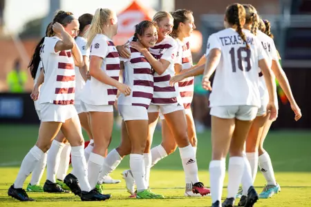 COLLEGE STATION, TX - August 06, 2023 - Forward Maile Hayes #8 of the Texas A&M Aggies and Defender/Midfielder Quinn Cornog #34 of the Texas A&M Aggies during the exhibition game between the SMU Mustangs and the Texas A&M Aggies at Ellis Field in College Station, TX. Photo By Aiden Shertzer/Texas A&M Athletics