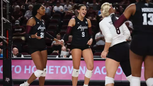 COLLEGE STATION, TX - September 09, 2023 - Opposite Hitter Logan Lednicky #9 of the Texas A&M Aggies during the game between the TCU Horned Frogs and the Texas A&M Aggies at Reed Arena in College Station, TX. Photo By Ethan Mito/Texas A&M Athletics