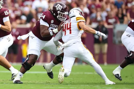 COLLEGE STATION, TX - September 16, 2023 - Offensive lineman Mark Nabou #54 of the Texas A&M Aggies during the game between the ULM Warhawks and the Texas A&M Aggies at Kyle Field in College Station, TX. Photo By Brendall O'Banon/Texas A&M Athletics