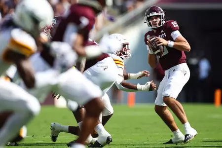COLLEGE STATION, TX - September 16, 2023 - Quarterback Conner Weigman #15 of the Texas A&M Aggies during the game between the ULM Warhawks and the Texas A&M Aggies at Kyle Field in College Station, TX. Photo By Brendall O'Banon/Texas A&M Athletics