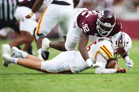 COLLEGE STATION, TX - September 16, 2023 - Defensive lineman Malick Sylla #92 of the Texas A&M Aggies during the game between the ULM Warhawks and the Texas A&M Aggies at Kyle Field in College Station, TX. Photo By Sydney Morriss/Texas A&M Athletics