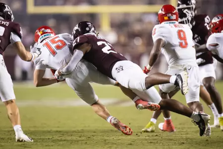 COLLEGE STATION, TX - September 02, 2023 - Linebacker Daymion Sanford #27 of the Texas A&M Aggies during the game between the New Mexico Lobos and the Texas A&M Aggies at Kyle Field in College Station, TX. Photo By Brendall O'Banon/Texas A&M Athletics