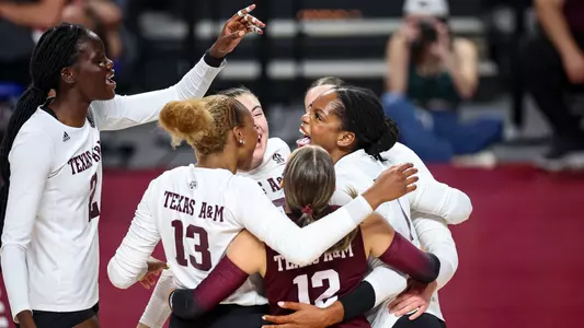 COLLEGE STATION, TX - September 20, 2023 - The Texas A&M Aggies Volleyball Team during the game between the Mississippi St. Bulldogs and the Texas A&M Aggies at Reed Arena in College Station, TX. Photo By Brendall O'Banon/Texas A&M Athletics