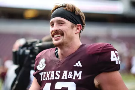 COLLEGE STATION, TX - September 23, 2023 - Tight end Max Wright #42 of the Texas A&M Aggies during the game between the Auburn Tigers and the Texas A&M Aggies at Kyle Field in College Station, TX. Photo By Aiden Shertzer/Texas A&M Athletics