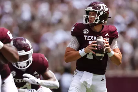 COLLEGE STATION, TX - September 23, 2023 - Quarterback Max Johnson #14 of the Texas A&M Aggies during the game between the Auburn Tigers and the Texas A&M Aggies at Kyle Field in College Station, TX. Photo By Evan Pilat/Texas A&M Athletics