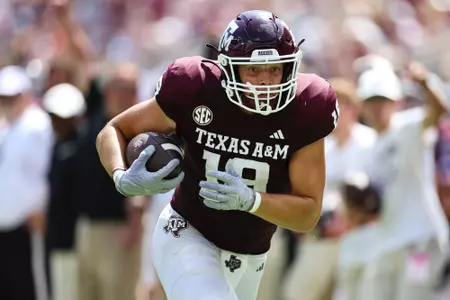 COLLEGE STATION, TX - September 23, 2023 - Tight end Jake Johnson #19 of the Texas A&M Aggies during the game between the Auburn Tigers and the Texas A&M Aggies at Kyle Field in College Station, TX. Photo By Rachel Mahan/Texas A&M Athletics