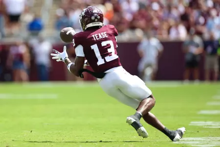 COLLEGE STATION, TX - September 23, 2023 - Wide receiver Micah Tease #13 of the Texas A&M Aggies during the game between the Auburn Tigers and the Texas A&M Aggies at Kyle Field in College Station, TX. Photo By Rachel Mahan/Texas A&M Athletics