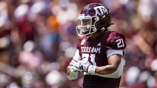 COLLEGE STATION, TX - September 23, 2023 - Linebacker Taurean York #21 of the Texas A&M Aggies during the Football game between the Auburn Tigers and the Texas A&M Aggies at Kyle Field in College Station, TX. Photo By Craig Bisacre/Texas A&M Athletics