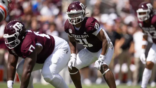 COLLEGE STATION, TX - September 23, 2023 - Linebacker Taurean York #21 of the Texas A&M Aggies during the game between the Auburn Tigers and the Texas A&M Aggies at Kyle Field in College Station, TX. Photo By Evan Pilat/Texas A&M Athletics