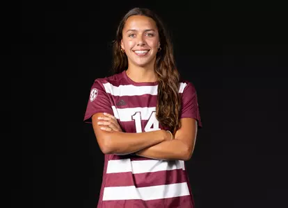 COLLEGE STATION, TX - July 20, 2023 - Midfielder Carissa Boeckmann #14 of the Texas A&M Aggies during Texas A&M Aggies Soccer photo day in College Station, TX. Photo By Aiden Shertzer/Texas A&M Athletics