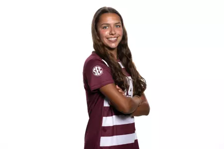 COLLEGE STATION, TX - July 20, 2023 - Midfielder Carissa Boeckmann #14 of the Texas A&M Aggies during Texas A&M Aggies Soccer photo day in College Station, TX. Photo By Ethan Mito/Texas A&M Athletics