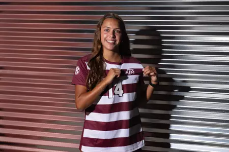 COLLEGE STATION, TX - July 20, 2023 - Midfielder Carissa Boeckmann #14 of the Texas A&M Aggies during Texas A&M Aggies Soccer photo day in College Station, TX. Photo By Evan Pilat/Texas A&M Athletics