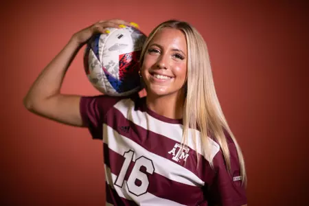 COLLEGE STATION, TX - July 20, 2023 - Defender Carolyn Calzada #16 of the Texas A&M Aggies during Texas A&M Aggies Soccer photo day in College Station, TX. Photo By Evan Pilat/Texas A&M Athletics