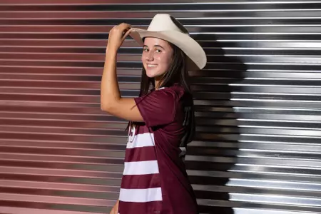 COLLEGE STATION, TX - July 20, 2023 - Forward Eloise Descheneaux #19 of the Texas A&M Aggies during Texas A&M Aggies Soccer photo day in College Station, TX. Photo By Evan Pilat/Texas A&M Athletics