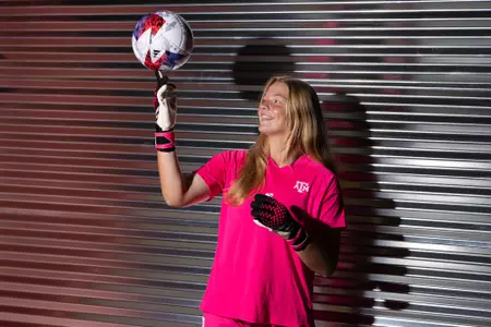 COLLEGE STATION, TX - July 20, 2023 - Goalkeeper Jordyn Gunnarson #1 of the Texas A&M Aggies during Texas A&M Aggies Soccer photo day in College Station, TX. Photo By Evan Pilat/Texas A&M Athletics