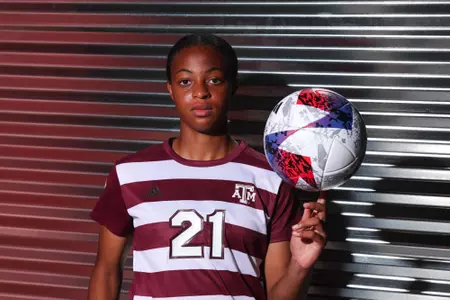 COLLEGE STATION, TX - July 20, 2023 - Forward Jazmine Wilkinson #21 of the Texas A&M Aggies during Texas A&M Aggies Soccer photo day in College Station, TX. Photo By Evan Pilat/Texas A&M Athletics
