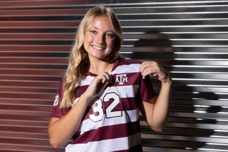 COLLEGE STATION, TX - July 20, 2023 - Midfielder Ella Goodwin #32 of the Texas A&M Aggies during Texas A&M Aggies Soccer photo day in College Station, TX. Photo By Evan Pilat/Texas A&M Athletics