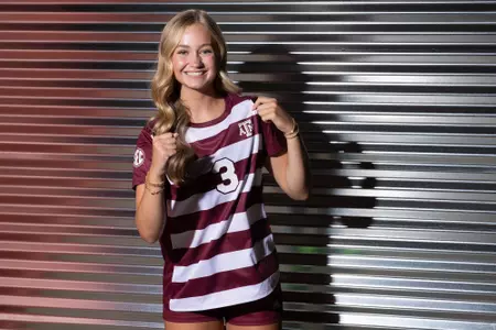 COLLEGE STATION, TX - July 20, 2023 - Defender Bella James #3 of the Texas A&M Aggies during Texas A&M Aggies Soccer photo day in College Station, TX. Photo By Evan Pilat/Texas A&M Athletics