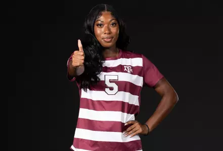 COLLEGE STATION, TX - July 20, 2023 - Forward MaKhiya McDonald #5 of the Texas A&M Aggies during Texas A&M Aggies Soccer photo day in College Station, TX. Photo By Aiden Shertzer/Texas A&M Athletics