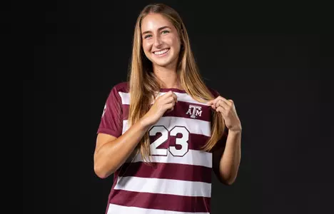 COLLEGE STATION, TX - July 20, 2023 - Midfielder Georgia Leb #23 of the Texas A&M Aggies during Texas A&M Aggies Soccer photo day in College Station, TX. Photo By Aiden Shertzer/Texas A&M Athletics