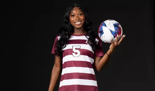 COLLEGE STATION, TX - July 20, 2023 - Forward MaKhiya McDonald #5 of the Texas A&M Aggies during Texas A&M Aggies Soccer photo day in College Station, TX. Photo By Aiden Shertzer/Texas A&M Athletics