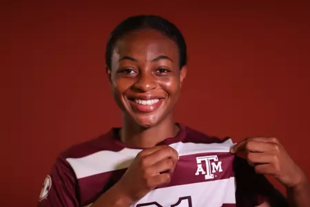 COLLEGE STATION, TX - July 20, 2023 - Forward Jazmine Wilkinson #21 of the Texas A&M Aggies during Texas A&M Aggies Soccer photo day in College Station, TX. Photo By Evan Pilat/Texas A&M Athletics