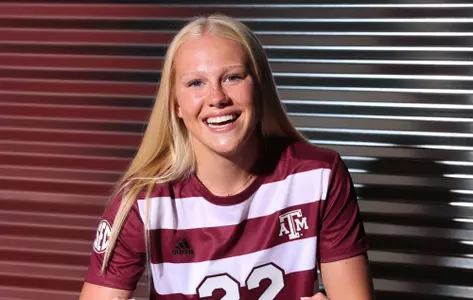 COLLEGE STATION, TX - July 20, 2023 - Defender Margo Matula #22 of the Texas A&M Aggies during Texas A&M Aggies Soccer photo day in College Station, TX. Photo By Evan Pilat/Texas A&M Athletics