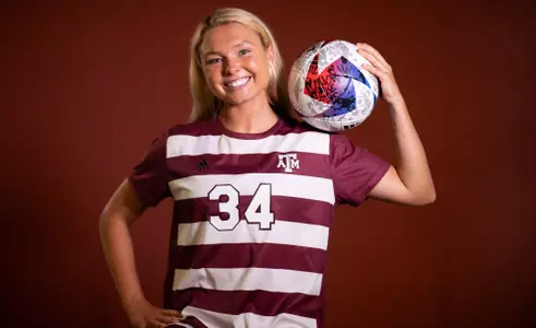 COLLEGE STATION, TX - July 20, 2023 - Defender/Midfielder Quinn Cornog #34 of the Texas A&M Aggies during Texas A&M Aggies Soccer photo day in College Station, TX. Photo By Evan Pilat/Texas A&M Athletics