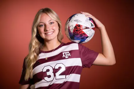 COLLEGE STATION, TX - July 20, 2023 - Midfielder Ella Goodwin #32 of the Texas A&M Aggies during Texas A&M Aggies Soccer photo day in College Station, TX. Photo By Evan Pilat/Texas A&M Athletics
