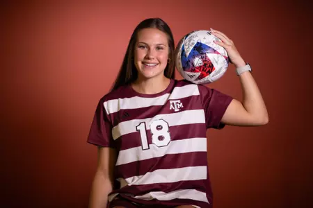 COLLEGE STATION, TX - July 20, 2023 - Defender Macy Matula #18 of the Texas A&M Aggies during Texas A&M Aggies Soccer photo day in College Station, TX. Photo By Evan Pilat/Texas A&M Athletics