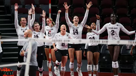 COLLEGE STATION, TX - September 20, 2023 - The Texas A&M Aggies Volleyball Team during the game between the Mississippi St. Bulldogs and the Texas A&M Aggies at Reed Arena in College Station, TX. Photo By Sydney Morriss/Texas A&M Athletics