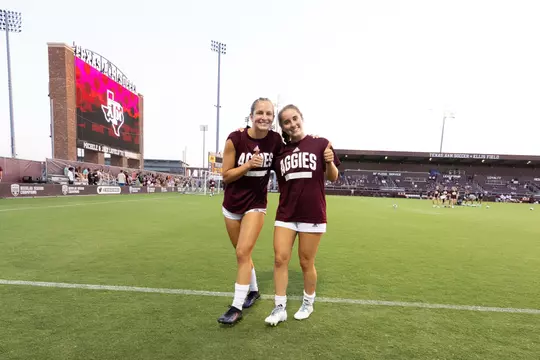 COLLEGE STATION, TX - August 26, 2023 - Midfielder/Defender Adysen Armenta #4 of the Texas A&M Aggies and Forward Eloise Descheneaux #19 of the Texas A&M Aggies during the game between the Baylor Bears and the Texas A&M Aggies at Ellis Field in College Station, TX. Photo By Evan Pilat/Texas A&M Athletics