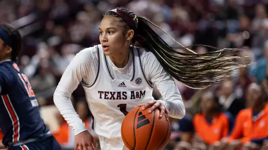 COLLEGE STATION, TX - January 07, 2024 - Guard Endyia Rogers #1 of the Texas A&M Aggies during the game between the Auburn Tigers and the Texas A&M Aggies at Reed Arena in College Station, TX. Photo By Ethan Mito/Texas A&M Athletics