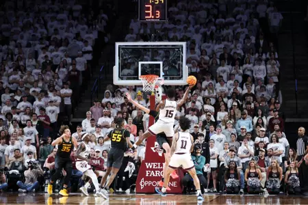 COLLEGE STATION, TX - January 23, 2024 - Forward Henry Coleman #15 of the Texas A&M Aggies during the game between the Missouri Tigers and the Texas A&M Aggies at Reed Arena in College Station, TX. Photo By Craig Bisacre/Texas A&M Athletics