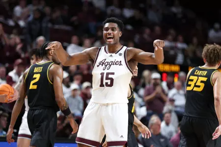 COLLEGE STATION, TX - January 23, 2024 - Forward Henry Coleman #15 of the Texas A&M Aggies during the game between the Missouri Tigers and the Texas A&M Aggies at Reed Arena in College Station, TX. Photo By Craig Bisacre/Texas A&M Athletics