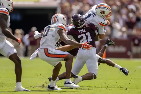 COLLEGE STATION, TX - September 23, 2023 - Linebacker Taurean York #21 of the Texas A&M Aggies during the Football game between the Auburn Tigers and the Texas A&M Aggies at Kyle Field in College Station, TX. Photo By Craig Bisacre/Texas A&M Athletics